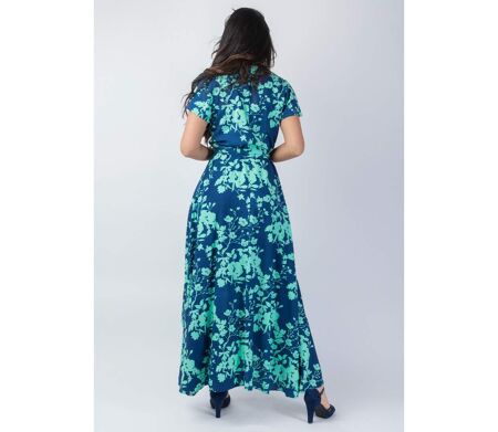 Robe longue viscose SAKURA imprimé marine et turquoise Coton Du Monde