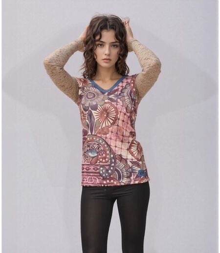 Tee-Shirt Chic pour Femme à  Manches Longues - Col V et Motifs Abstraits - Style Unique