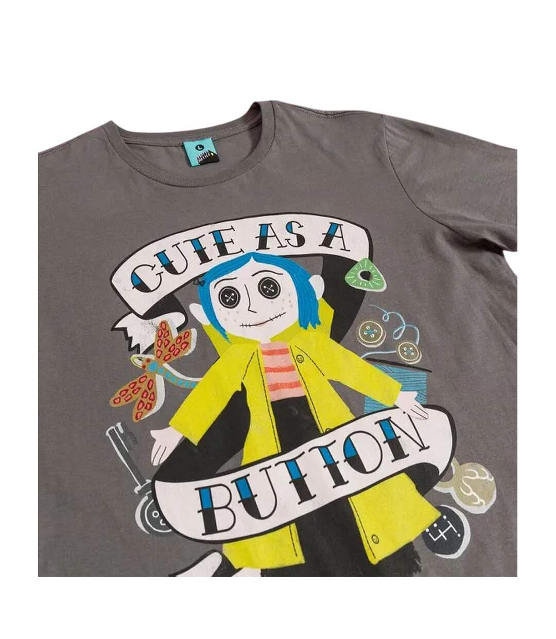 Womens/ladies Cute As A Button Doll Fitted T-shirt Black Charcoal Coraline-3