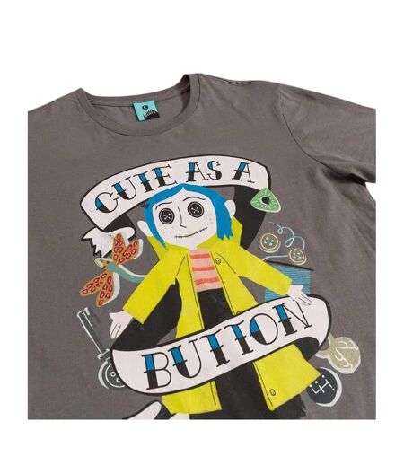 Womens/ladies Cute As A Button Doll Fitted T-shirt Black Charcoal Coraline