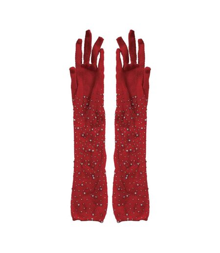 Womens/ladies Mesh Rhinestone Gloves Red Fiestas Guirca