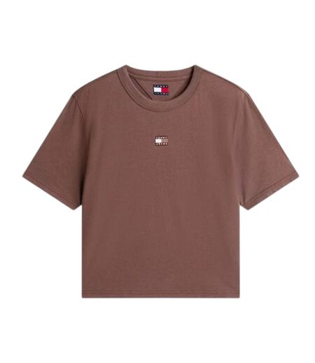 Womens/ladies Embroidered Logo Cotton Cropped T-shirt Black Walnut Tommy Jeans