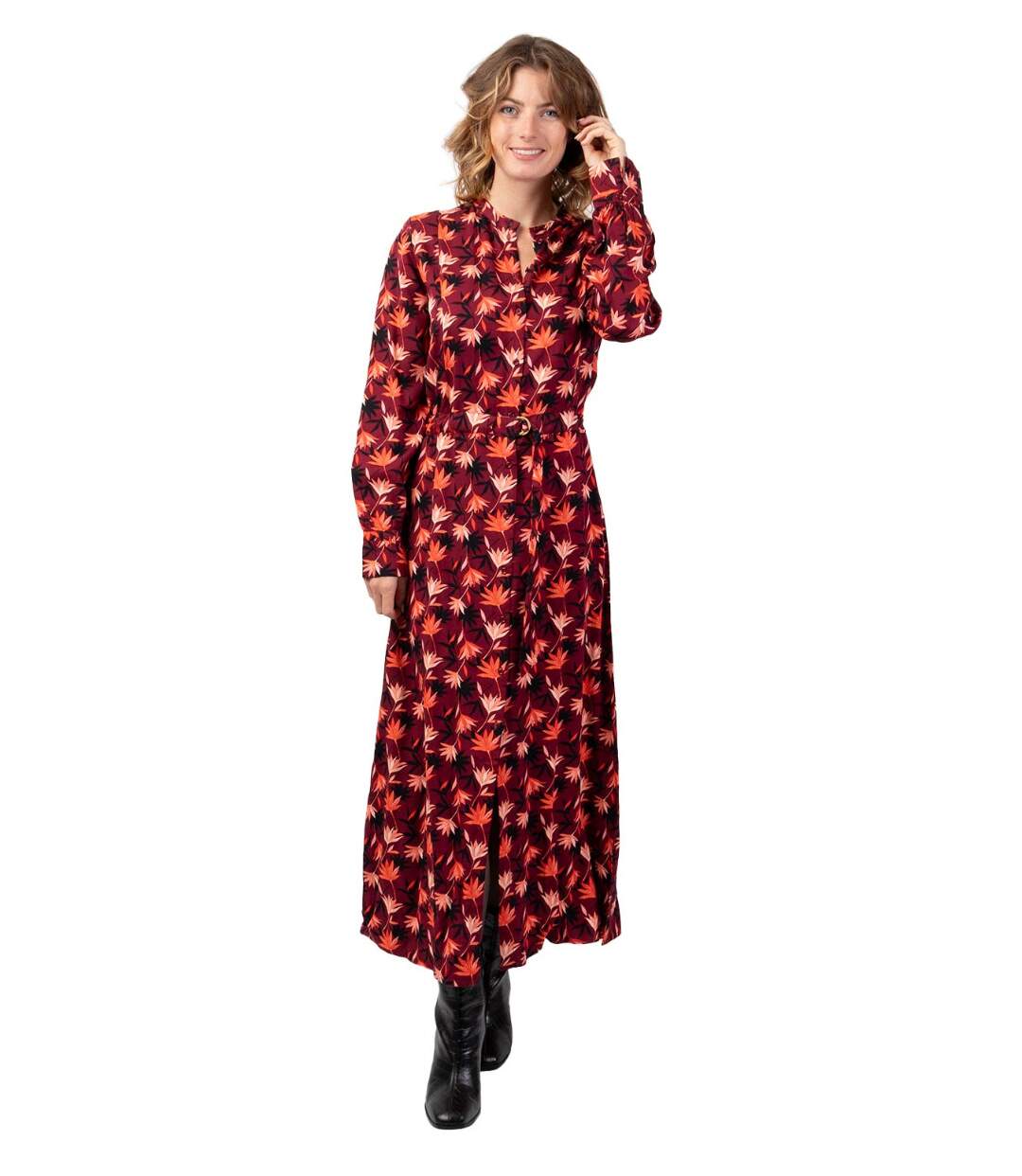 Robe longue chemise hiver motif fleuri LINA bordeaux Coton Du Monde