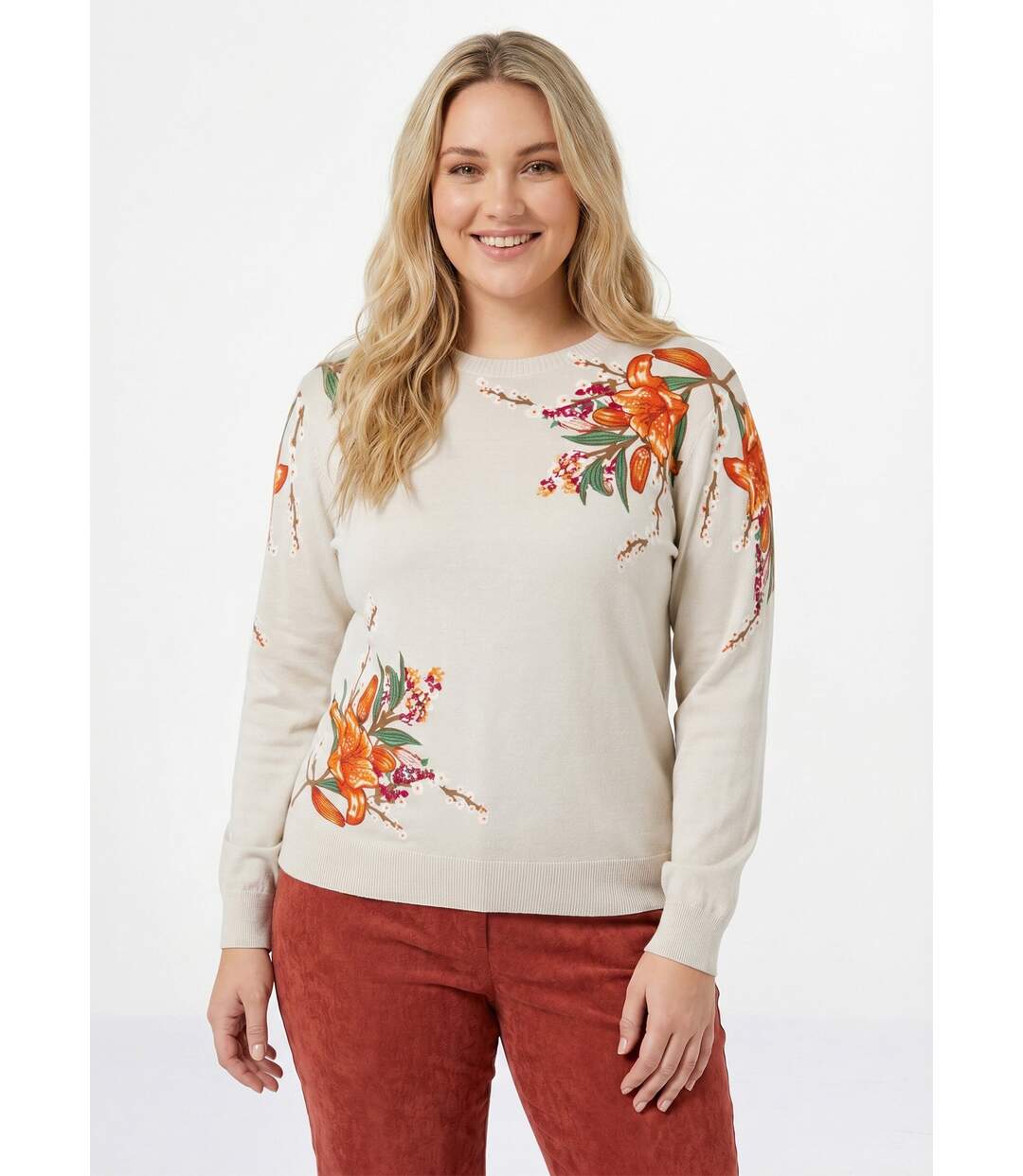Pull chaud col rond imprimé floral manches longues-1