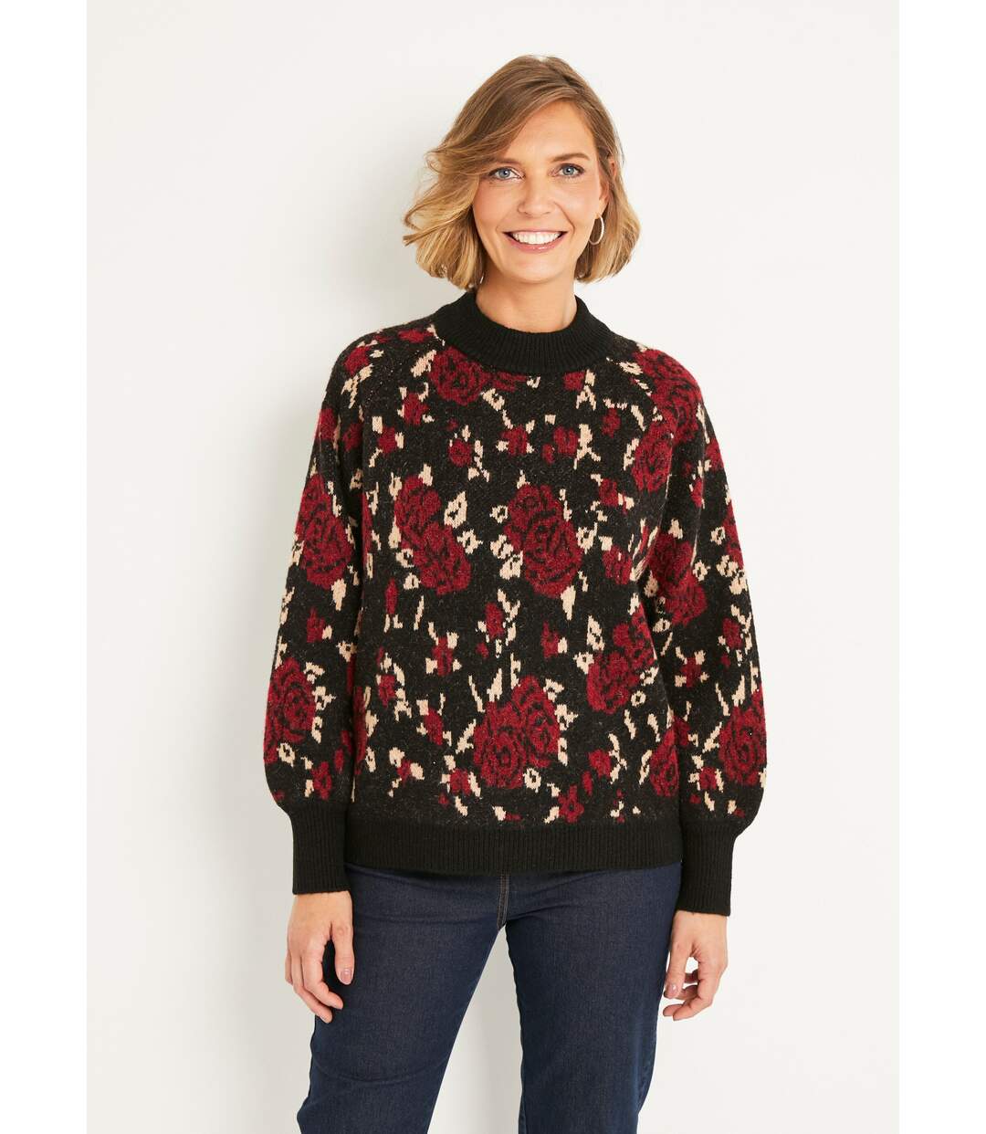 Pull chaud col montant raglan jacquard fleuri-1