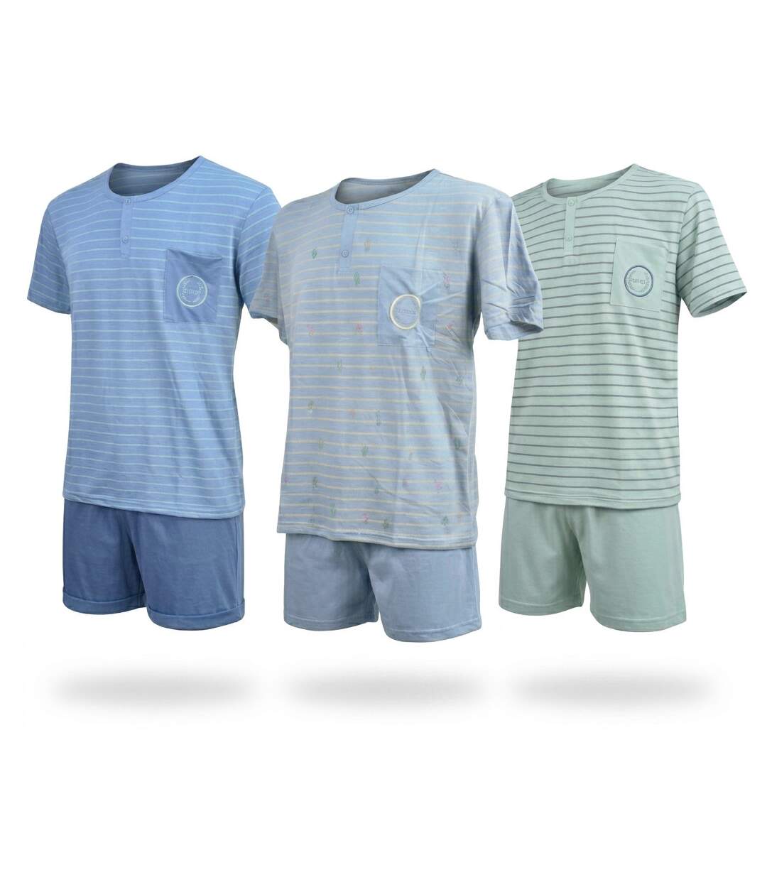 OZABI Pack 3 Pyjamas Courts Homme Coton Majoritaire, Col Bouton-1