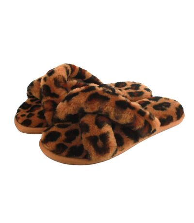 Womens/ladies delilah leopard print sheepskin slippers brown/black Eastern Counties Leather