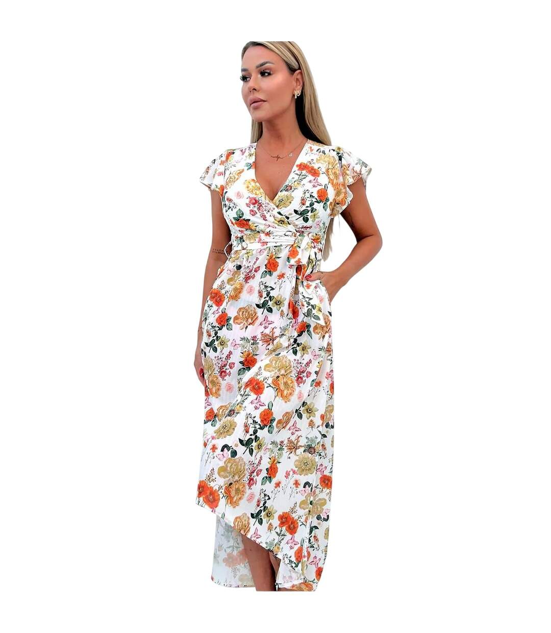 Womens/ladies Floral Polyester Belted Wrap Dress Cream Multicoloured AX Paris-2