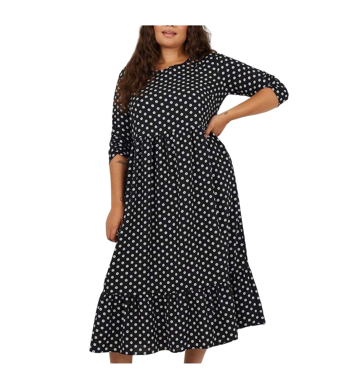 Womens/ladies Polka Dot 3/4 Sleeve Midi Dress Black White Brave Soul-2