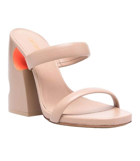Womens/ladies Leather High Block Heel Mules Beige Orange Off White