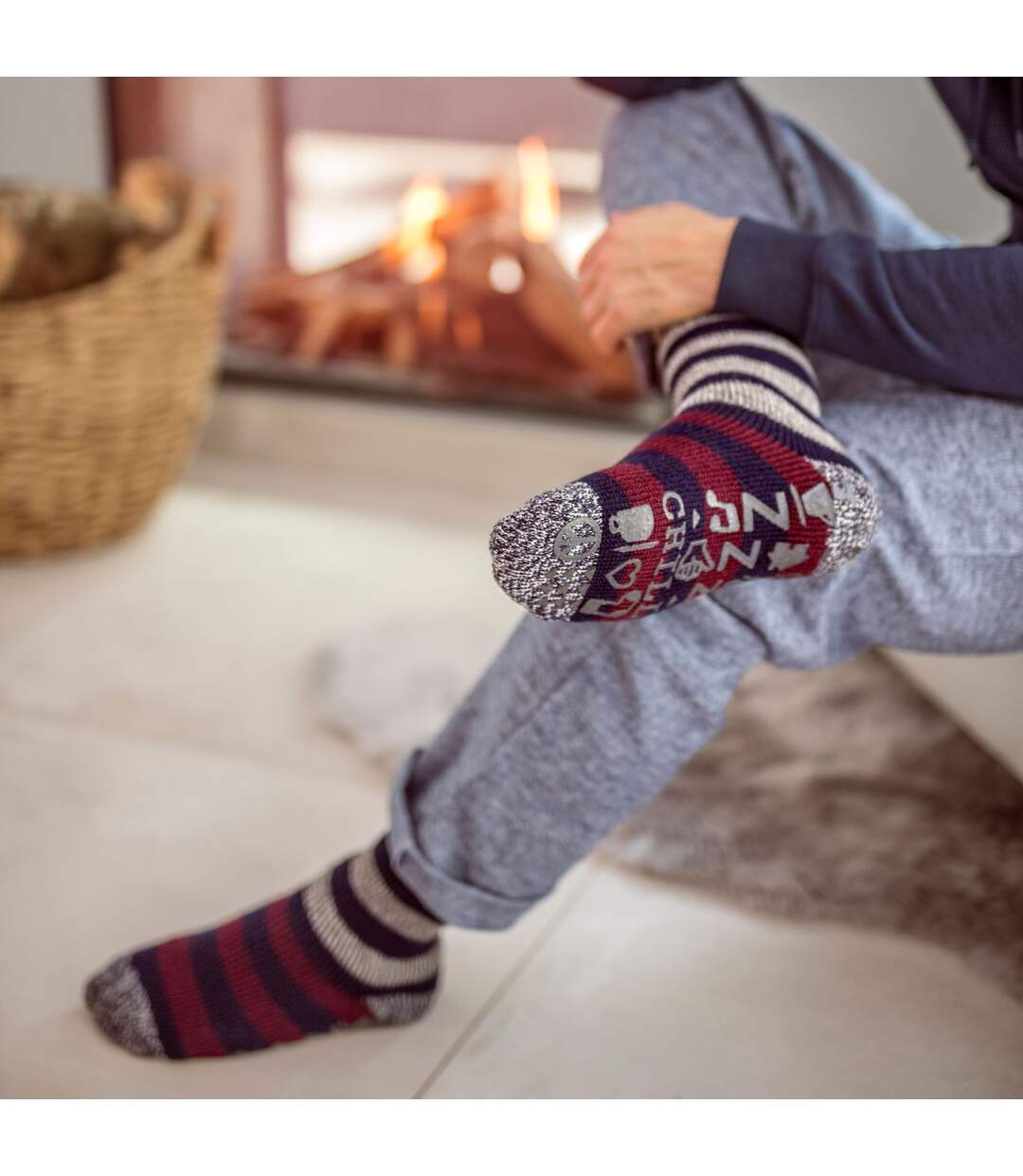 Mens Fleece Lined Non Slip Thick Striped Slipper Socks-4