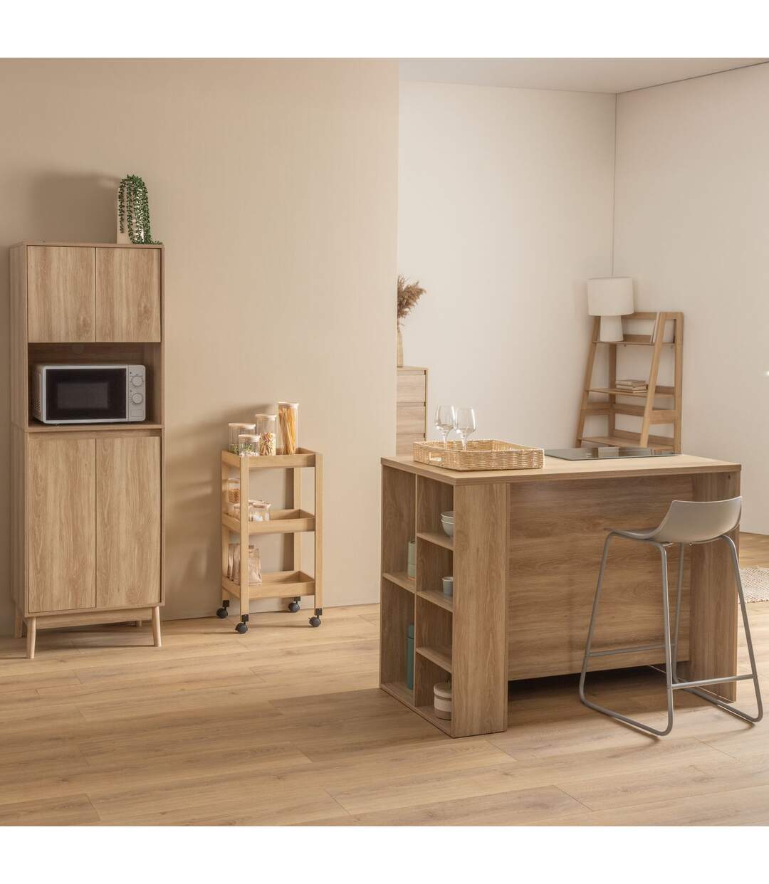 Ilot central 2 portes et 6 niches effet bois naturel ABANA - Beige-3