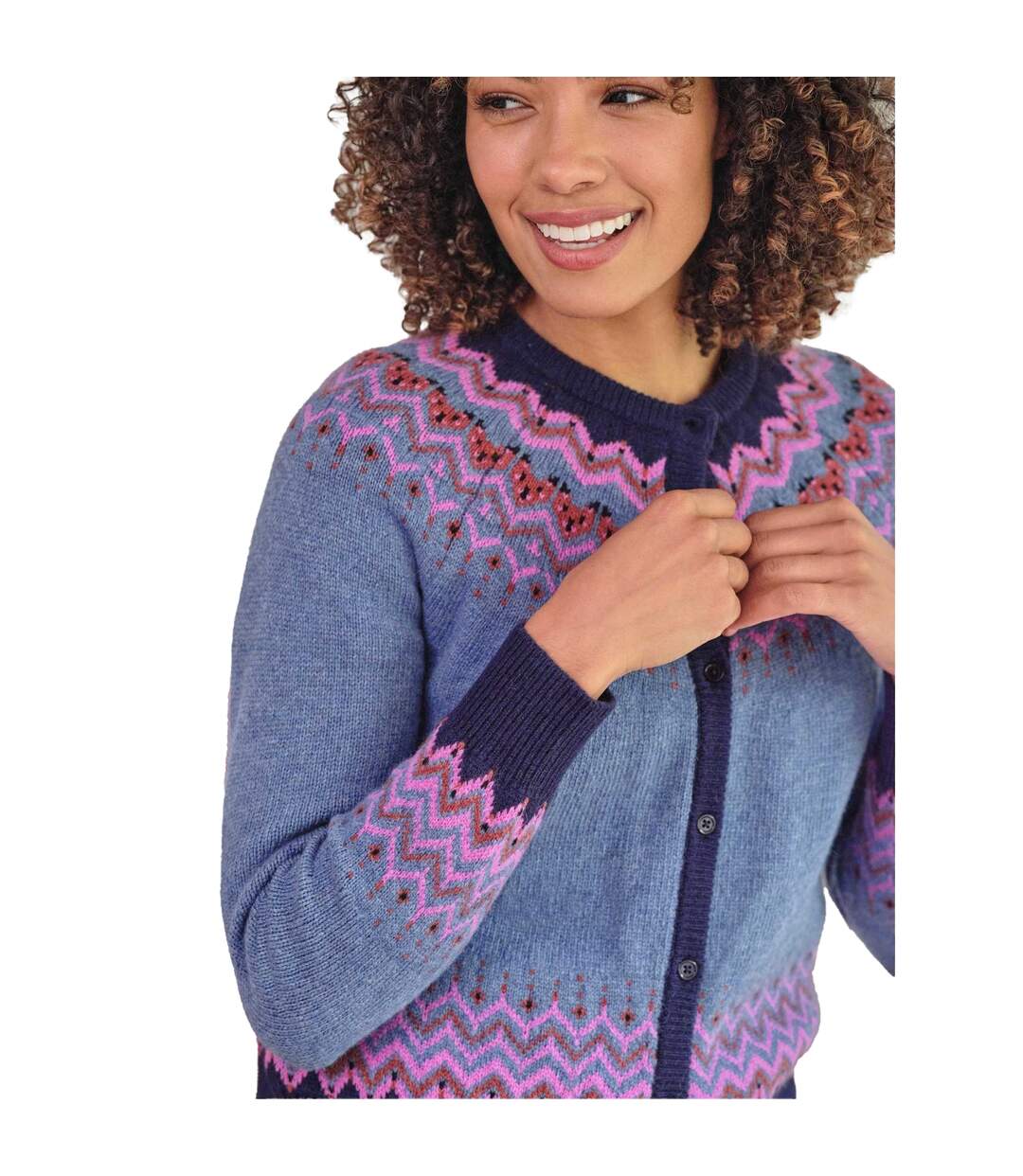 Womens/ladies Nordic Yoke Fair Isle Cardigan Denim Multicoloured WoolOvers-3