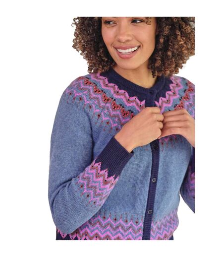 Womens/ladies Nordic Yoke Fair Isle Cardigan Denim Multicoloured WoolOvers