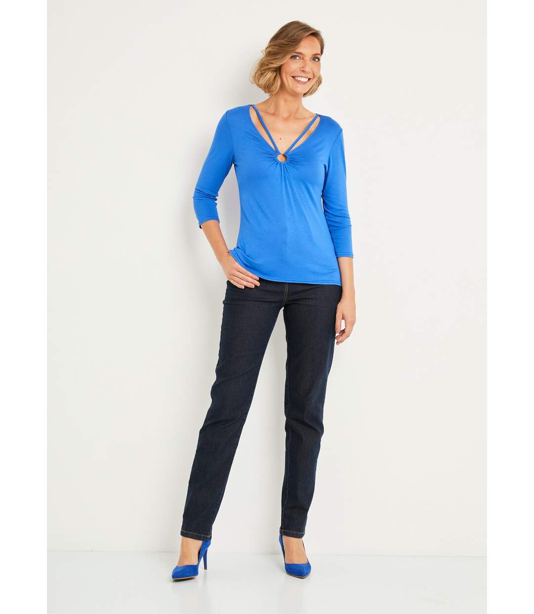 T-shirt court uni encolure en V-3