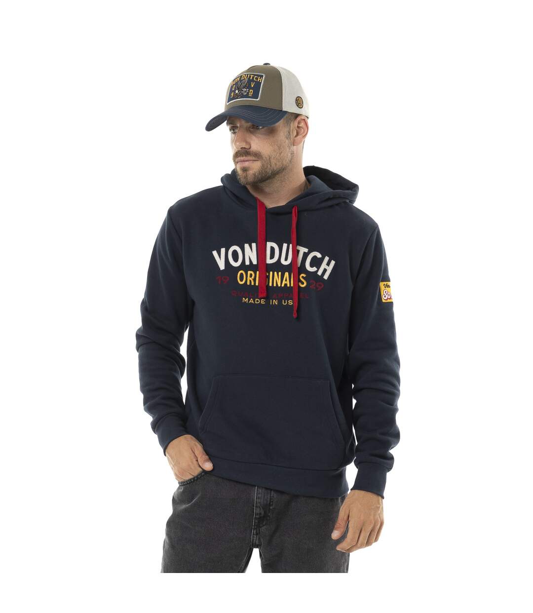Sweat homme à capuche en molleton avec print logo devant brodé Vondutch-1