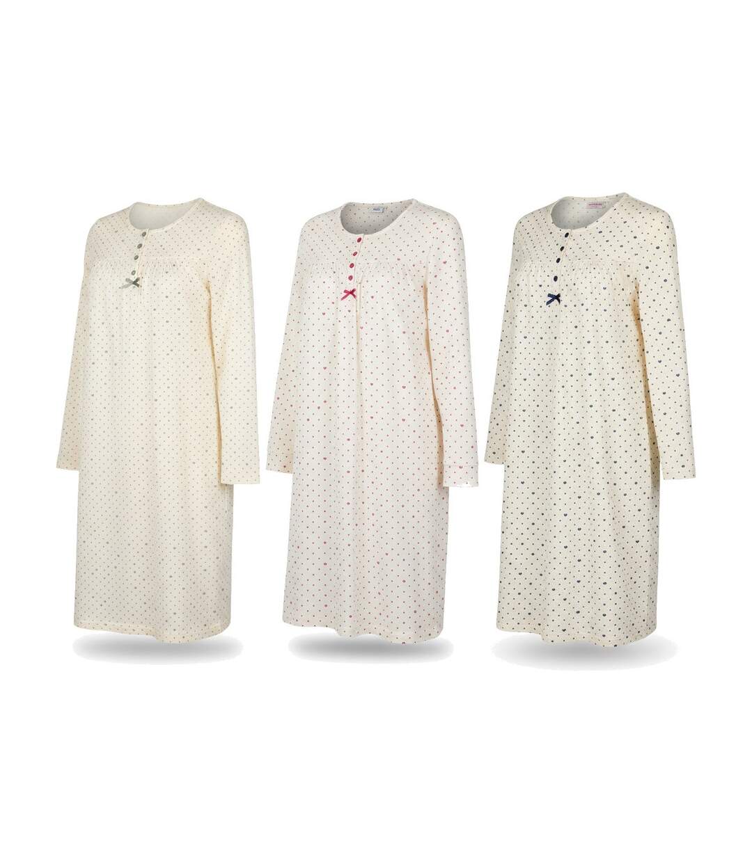 OZABI Chemise de Nuit Femme Pack de 3, Coton Manches Longues, Col Rond 4 Boutons-1