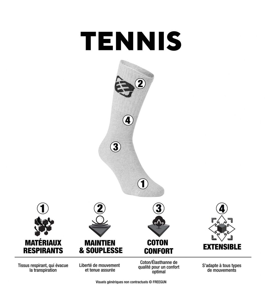 Lot de 6 Paires de Chaussettes Tennis homme assorties Freegun