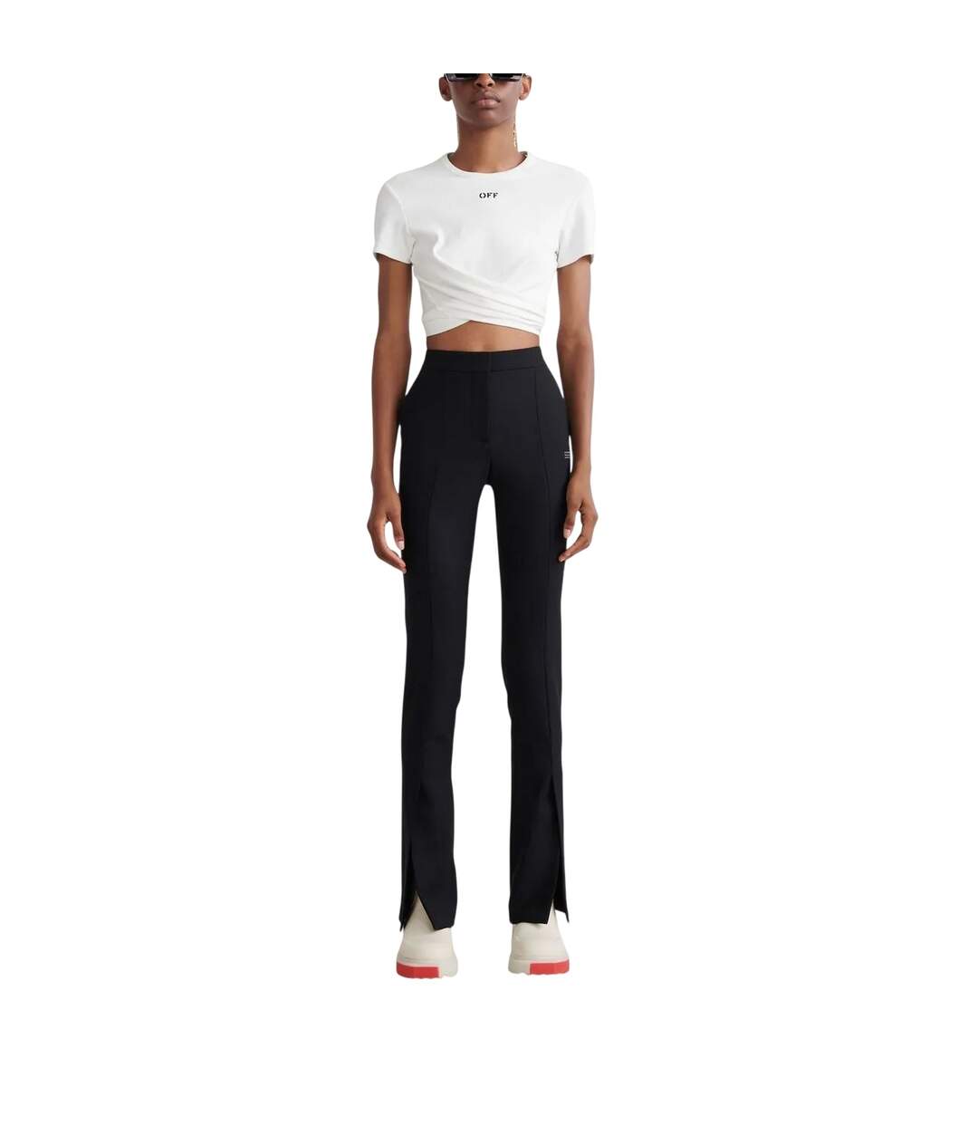 Womens/ladies Basic Slim Trousers Black Off White-1