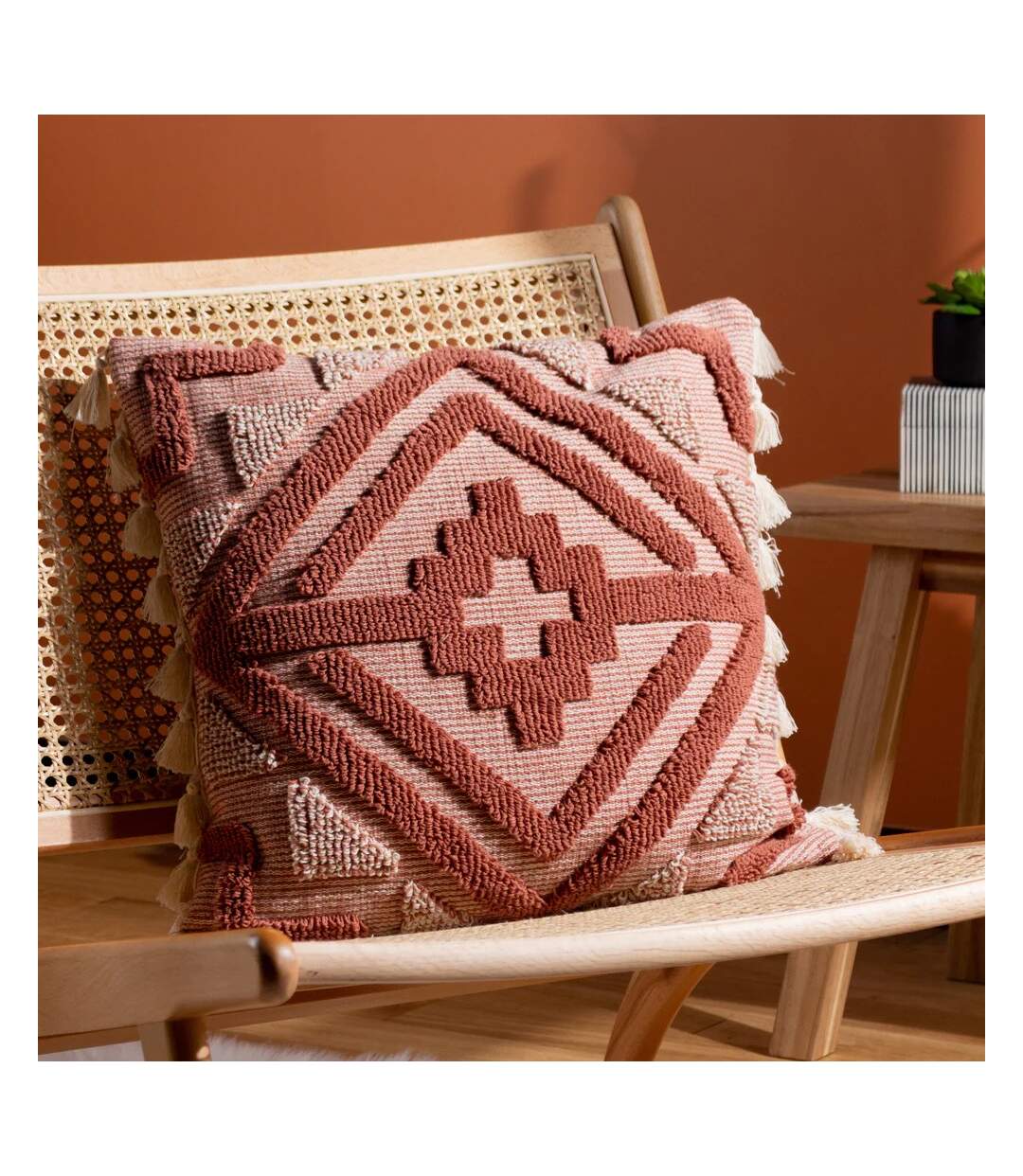 Kalai tufted tassel cushion cover 45cm x 45cm brick red Furn