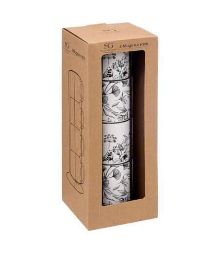 Lot de 4 Mugs sur Rack White Floral 24cl Blanc