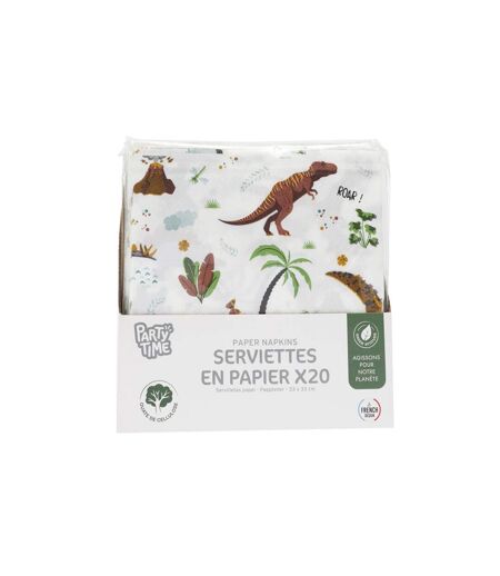 Lot de 20 Serviettes en Papier Dinosaure 33x33cm Blanc