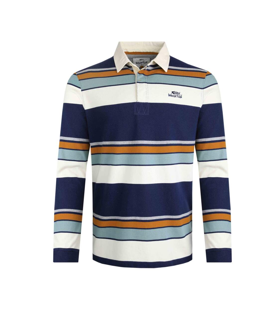 Mens laxton striped organic long-sleeved rugby shirt dark blue Weird Fish-1