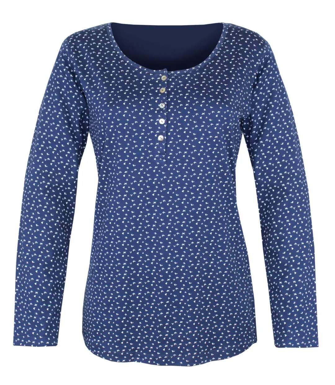 MAYFLOWER NOBEL3 : Tee-shirt manches longues bleu imprimé avec col rond boutonné-5