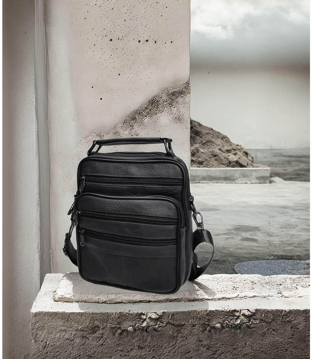 Sacoche bandoulière homme en CUIR - Sacoche multi poches - cuir vachette - Noir-3
