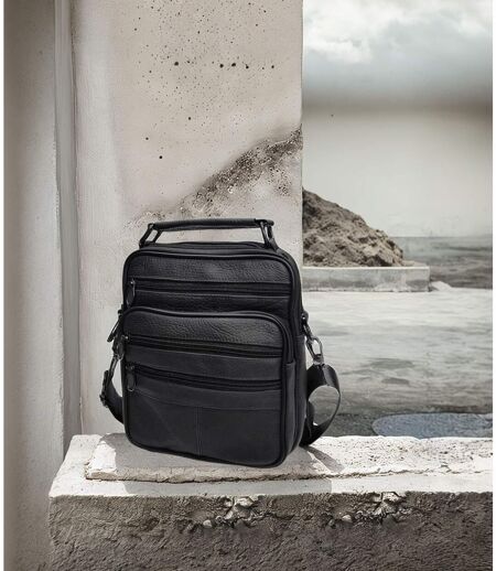 Sacoche bandoulière homme en CUIR - Sacoche multi poches - cuir vachette - Noir