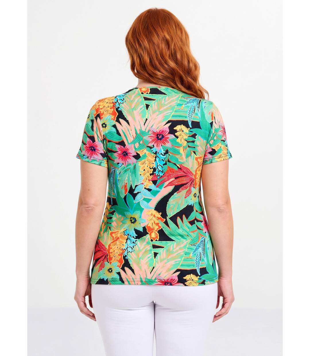 T-shirt long col rond imprimé exotique manches courtes-2