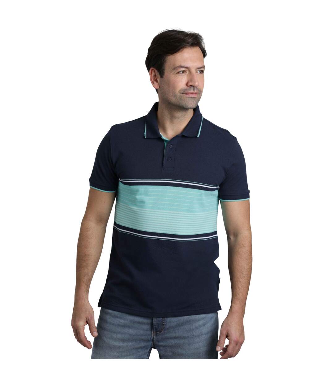 Mens sunbury striped pique organic polo shirt aquamarine Weird Fish-3