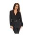 Womens/ladies Gold Detail Belt Long-sleeved Wrap Top Black Ax-1
