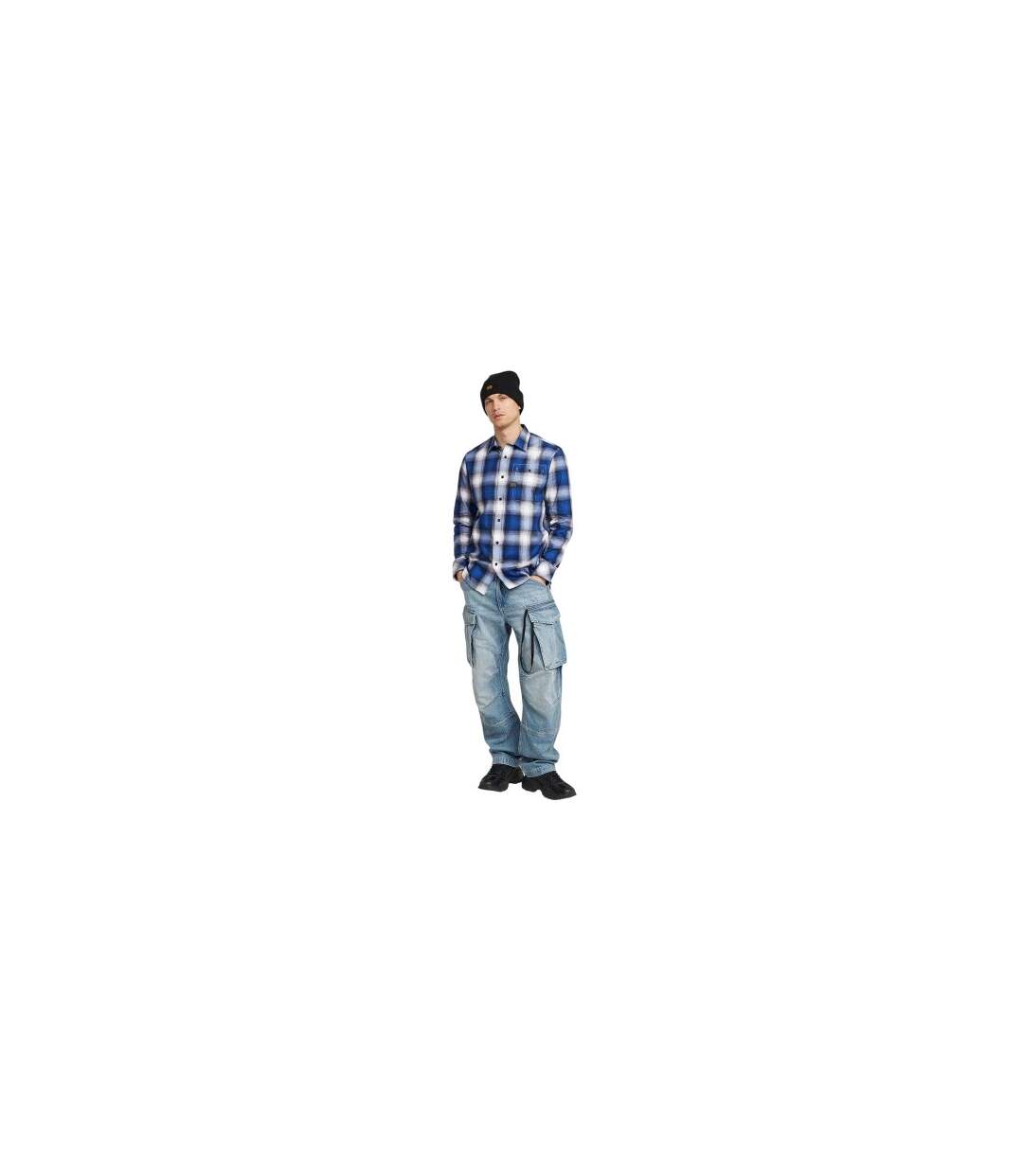 Mens Plaid Slim Long-sleeved Shirt Deep Blue G-Star-1