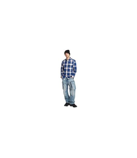 Mens Plaid Slim Long-sleeved Shirt Deep Blue G-Star