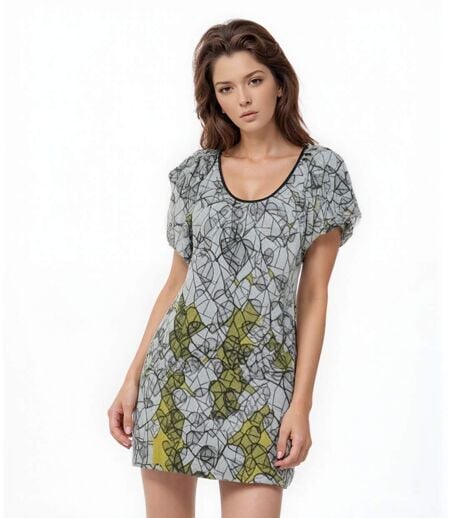 Robe féminine courte à  motifs graphiques, col rond et manches bouffantes - Chic et décontractée