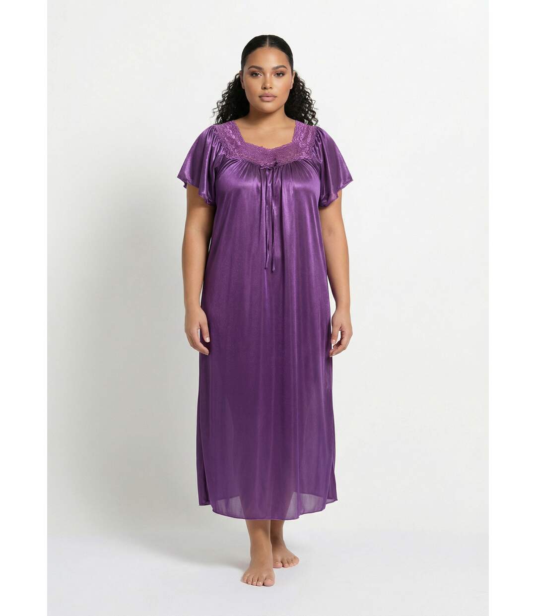Chemise de nuit satinée longue antistatique dentelle-1