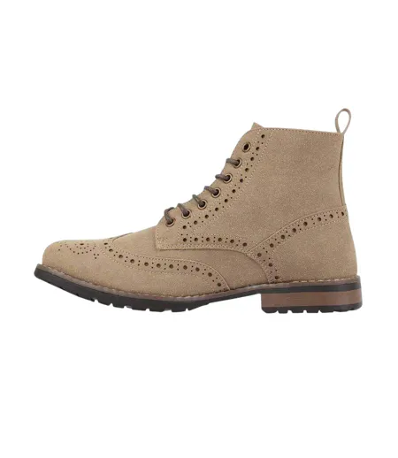 Mens Brogue Detailing Block Heel Boots Camel Nicholas Deakins