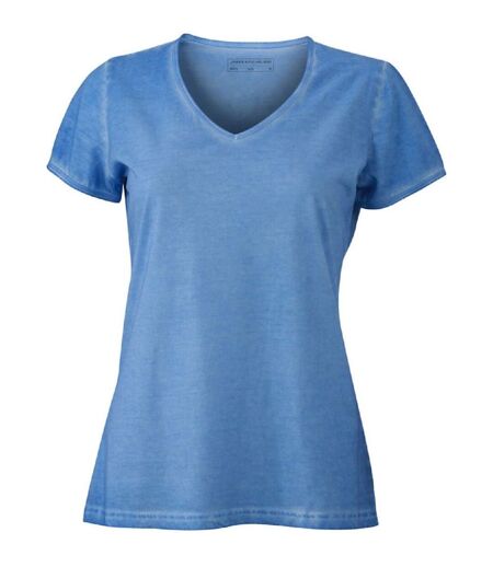 T-shirt style bohémien col V femme JN975 - bleu horizon