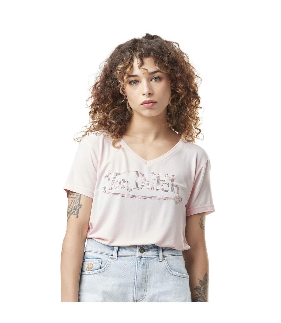 T-shirt femme en col v avec print et strass devant Roan Vondutch