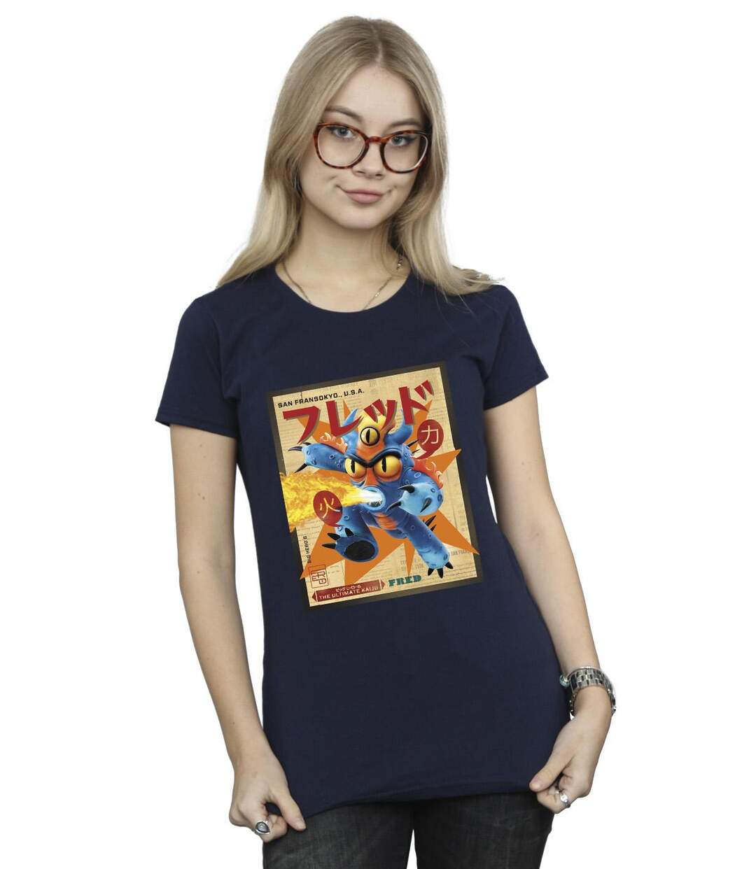 Disney - T-shirt BIG HERO BAYMAX FRED NEWSPAPER - Femme (Bleu marine) - UTBI13108-2