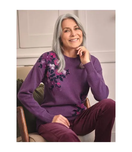 Womens/ladies Floral Sparkle Embroidered Jumper Purple WoolOvers