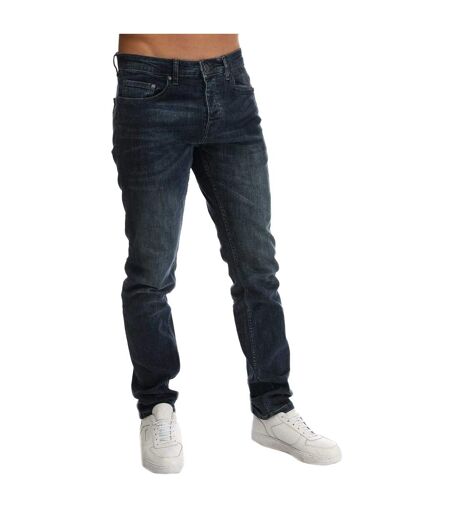 Mens Leather Patch Tapered Jeans Blue Weekend Offender