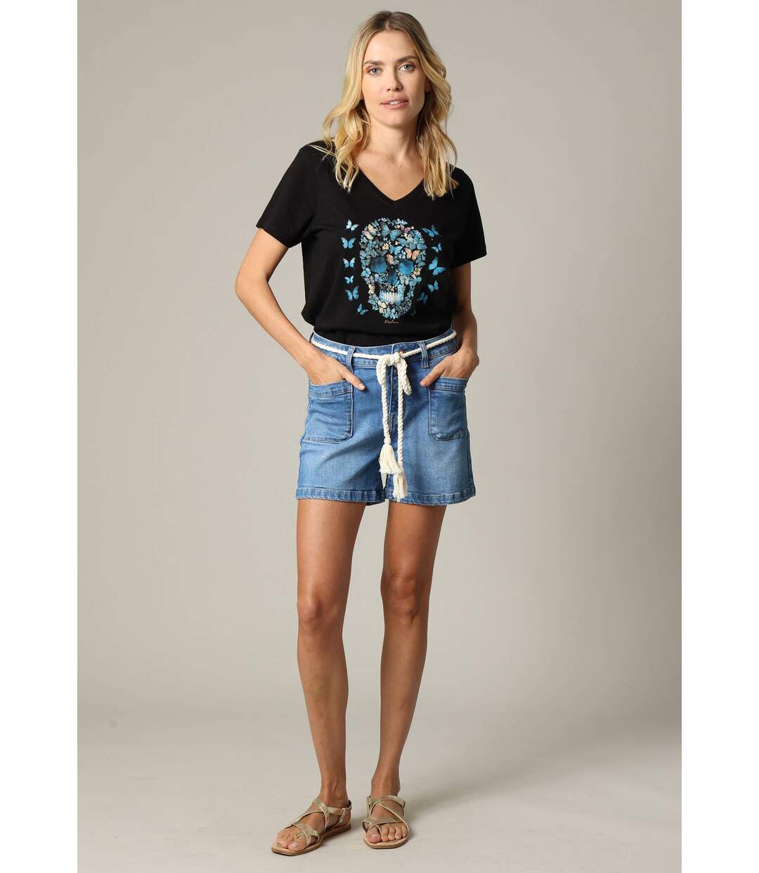 T-shirt femme 100% coton à manches courtes et col V avec motif imprimé glitter BUTTERSKULL-1