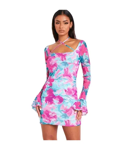 Womens/ladies Floral Mesh Mini Dress Blue Print Missy Empire