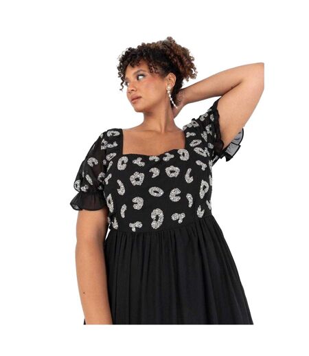 Womens/ladies Square Neck Short-sleeved Midi Dress Black Lovedrobe