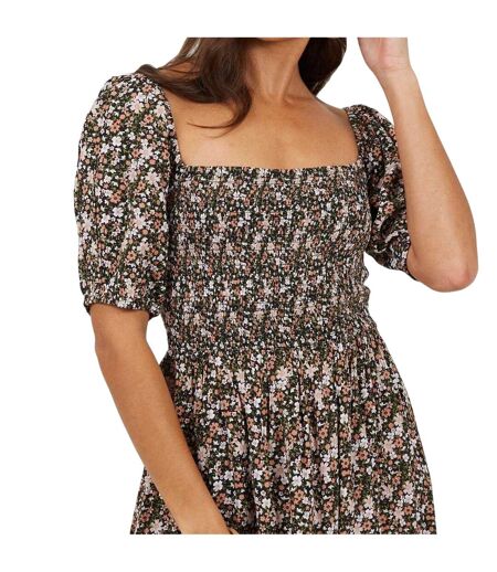 Womens/ladies Floral Square Neck Puff Sleeve Mini Dress Pink Multicoloured Brave Soul
