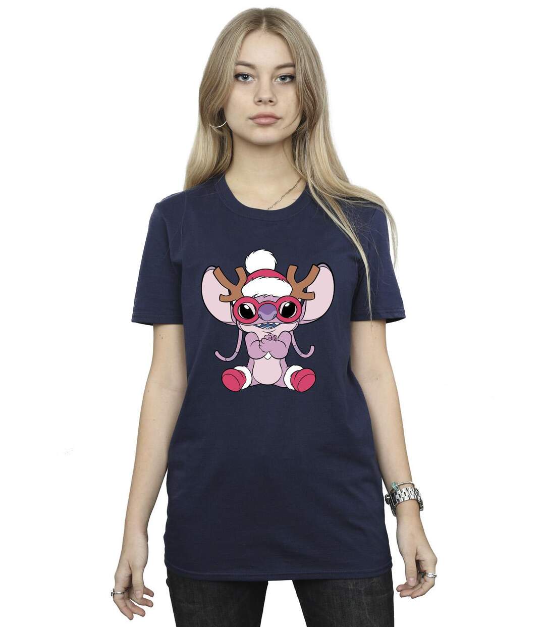 Disney Femmes/Ladies Lilo & Stitch Angel Reindeer Cotton Boyfriend T-Shirt (Bleu marine) - UTBI30548-2