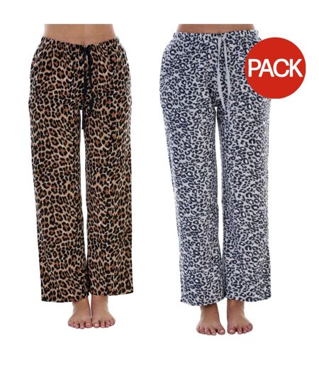Pack Of 2  Womens/ladies Fleece Leopard Print Lounge Pants  Multicoloured Keanu