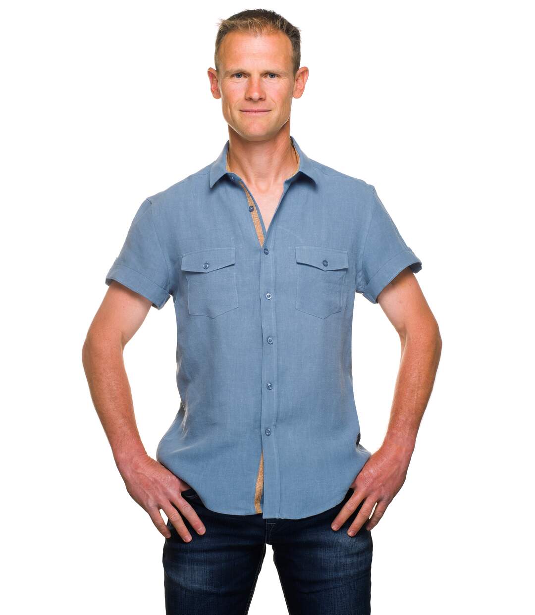 Chemise Lin Coupe Ajustée Manches Courtes Bleu Denim